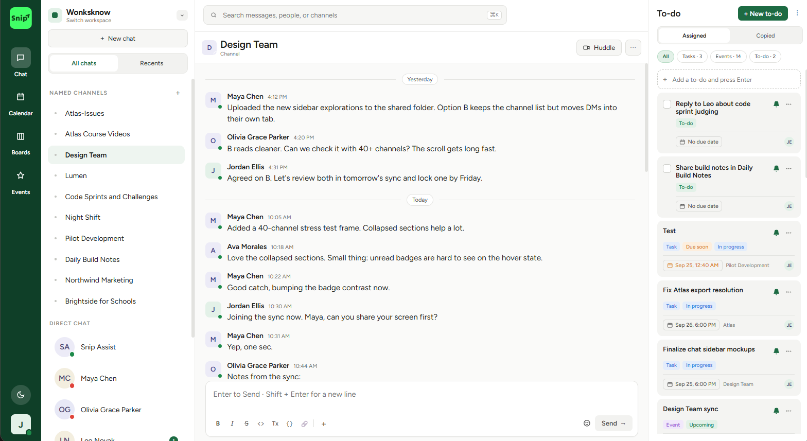Snip workspace with channels, chat and to-do list