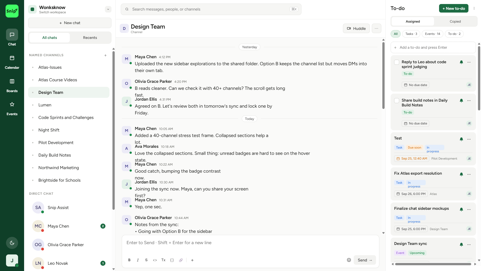 Snip workspace with channels, chat and to-do list